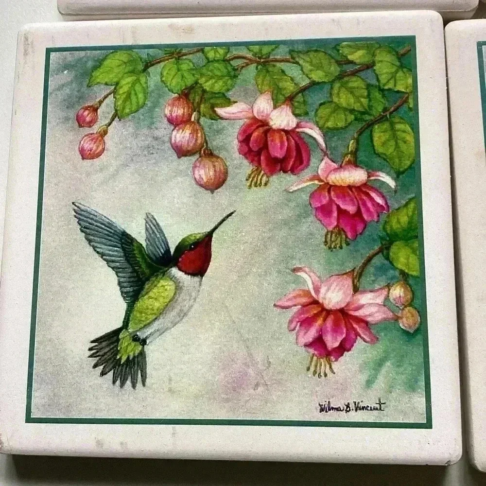 Vintage Hummingbird Set of 4 Coasters Pink Fuchsia Highlights ceramic coasters - Picture 5 of 15